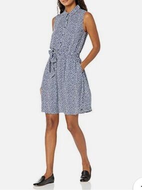 Amazon Essentials Blue and White Sleeveless Tie-Waist Shirt Dress